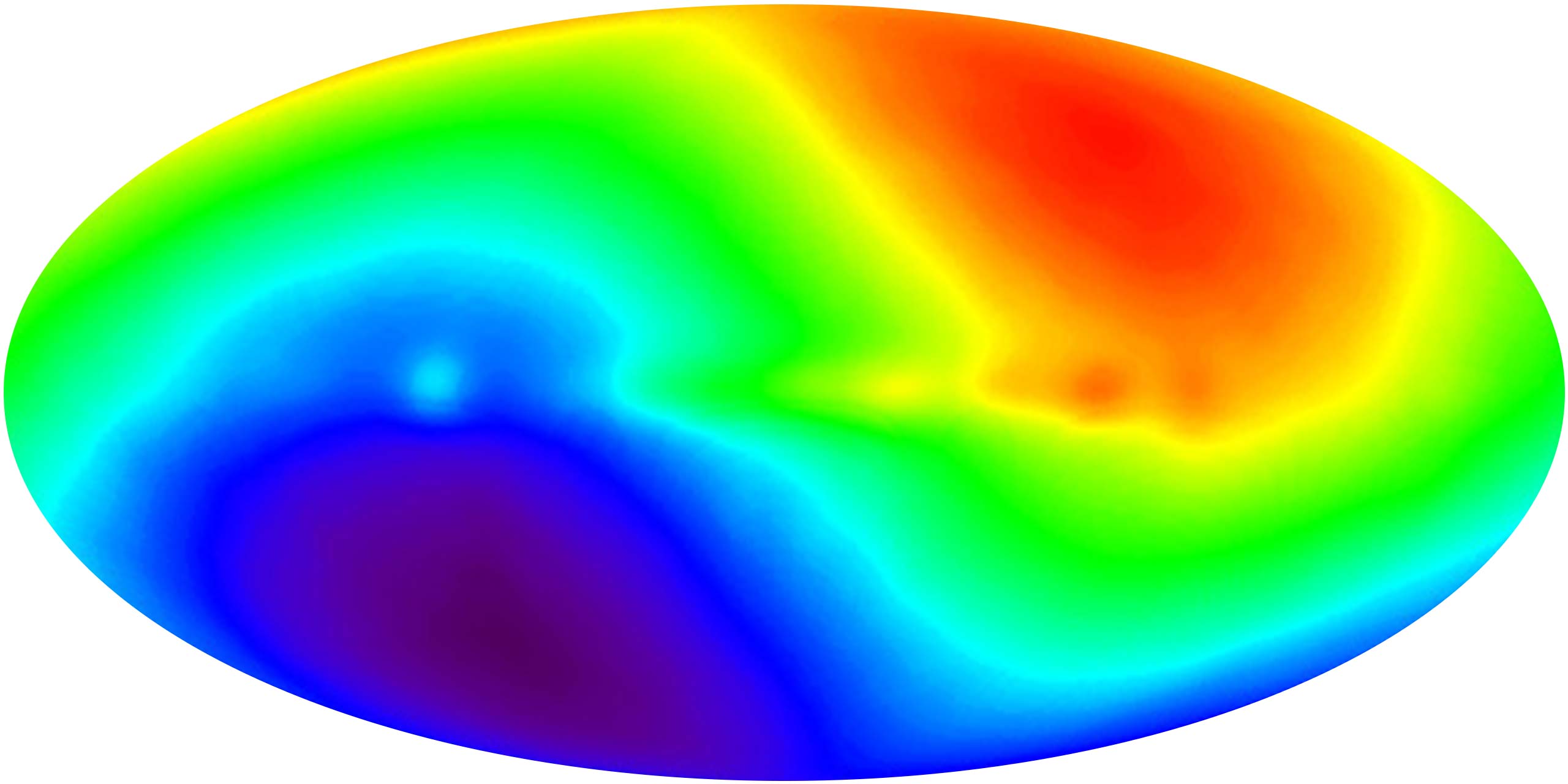 An oval-shaped map of the cosmic microwave background; the oval is green in the middle but becomes blue on one side and red on the other.