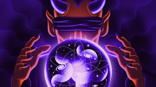 Illustration of a blindfolded demon attempting to sense the contents of a cosmic crystal ball.