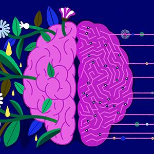 An illustration shows a human brain. Colorful flowers and plants burst from the left side, while wires and computing notes innervate the right side.