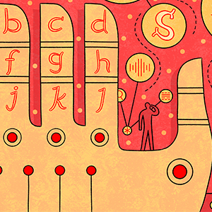 A hand with letters on it reaching out to symbols