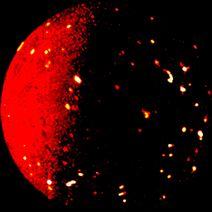 An image of a glowing red orb dotted with white-hot active volcanoes.